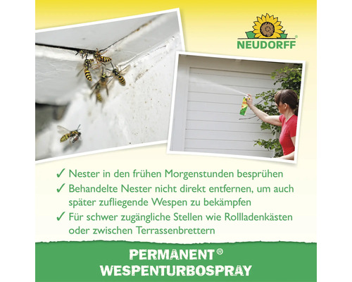 Neudorff Permanent Wespenturbospray Anwendungshinweise mit Bildern von Wespen am Nest und Person beim Sprühen auf einen Rollladenkasten