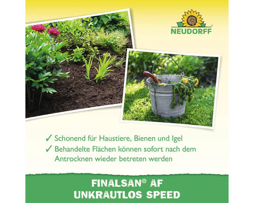 Neudorff Finalsân AF Unkrautlos Speed Unkrautvernichter mit Produktvorteilen und Anwendungsbildern im Garten.