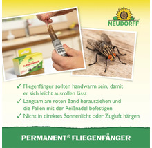 Neudorff Permanent Fliegenfänger Anwendungshinweise mit Produktabbildungen und Fliege zur Insektenbekämpfung im Innenbereich.