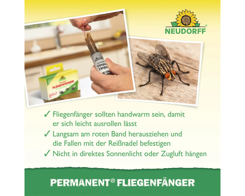 Neudorff Permanent Fliegenfänger Anwendungshinweise mit Produktabbildungen und Fliege zur Insektenbekämpfung im Innenbereich.