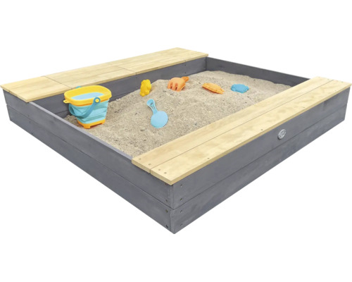 Bac à sable en bois avec bancs rempli de sable et de jouets