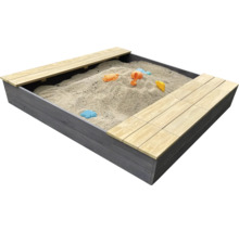 Bac à sable carré en bois avec deux bancs et jouets de sable rempli de sable pour jouer dans le jardin