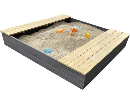 Bac à sable carré en bois avec deux bancs et jouets de sable rempli de sable pour jouer dans le jardin