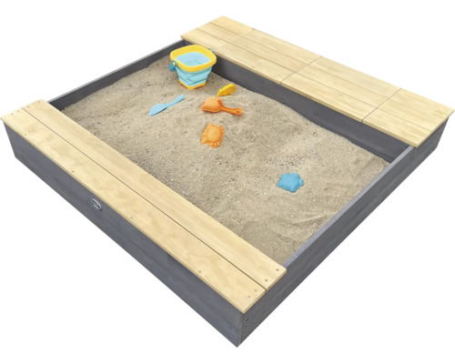 Bac à sable carré en bois avec deux bancs et jouets de sable.