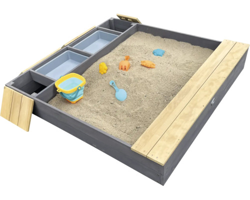 Bac à sable en bois avec deux bacs de rangement intégrés et larges bancs, incluant des jouets de sable.