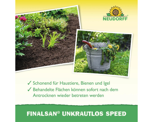 Neudorff Finalsan Unkrautlos Speed Unkrautvernichtungsmittel für den Garten mit Informationen zur Anwendung und Sicherheit für Tiere.