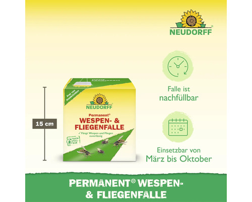 Neudorff Permanent Wespen- und Fliegenfalle als nachfüllbare Falle für den Außeneinsatz von März bis Oktober, Höhe 15 Zentimeter.
