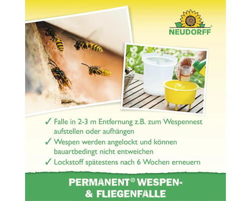 Neudorff Permanent Wespen und Fliegenfalle mit Anwendungshinweisen und Produktbildern zur Wespenbekämpfung im Garten.