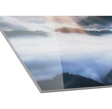 Image en verre acrylique avec motif de montagne et brouillard