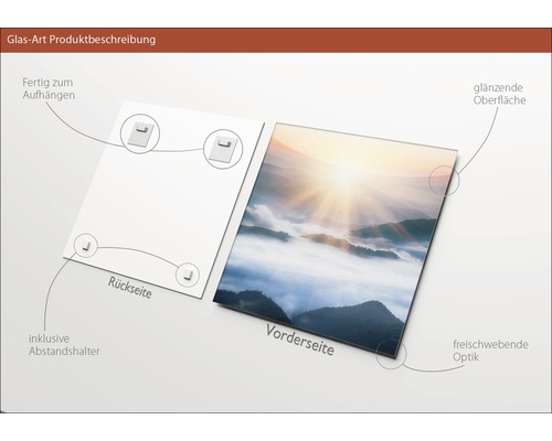 Glasbild mit Aufhängung und Abstandshalter inklusive, Vorderseite mit glänzender Oberfläche