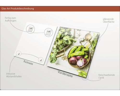 Glasbild Produktbeschreibung: Rückseite mit Aufhängung und Abstandshalter, Vorderseite mit glänzender Oberfläche und schwebender Optik