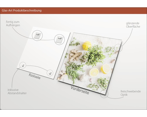 Glasbild mit Kräutermotiv, inklusive Aufhängung und Abstandshalter
