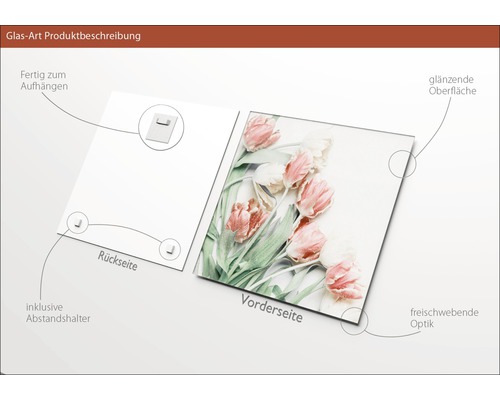 Glasbild mit glänzender Oberfläche, inklusive Abstandshalter und Aufhängevorrichtung