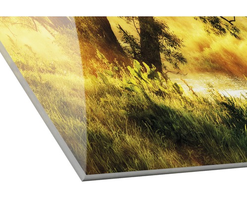 Dekorplatte mit einem Landschaftsmotiv aus Gras, Bäumen und einem Fluss