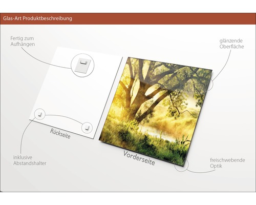 Glasbild mit Landschaftsmotiv, inklusive Wandhalterung zur einfachen Montage