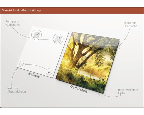 Glasbild mit Landschaftsmotiv, inklusive Halterung und glänzender Oberfläche