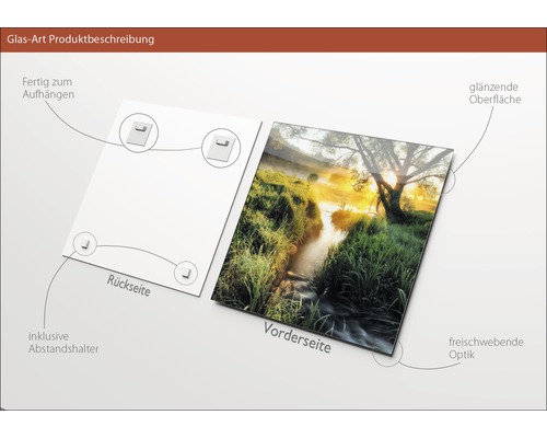 Glasbild mit Flussmotiv, inklusive Abstandshalter und Aufhängung
