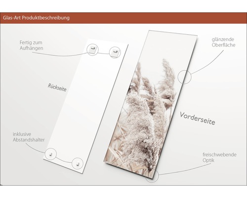 Glasbild Produktbeschreibung: Rückseite mit Aufhängung und Abstandshalter, Vorderseite mit glänzender Oberfläche und schwebender Optik