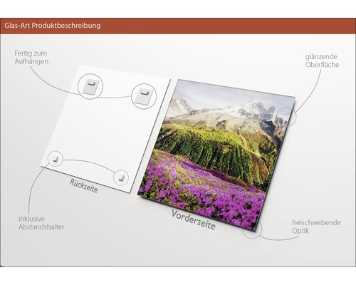 Glasbild mit Bergmotiv, inklusive Halterung und glänzender Oberfläche