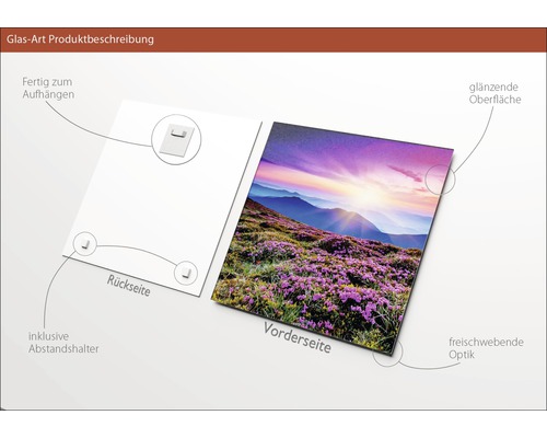 Glasbild mit Berglandschaft, glänzender Oberfläche und Aufhängung