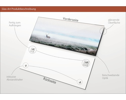 Glasbild mit glänzender Oberfläche, inklusive Abstandshalter zur Wandbefestigung