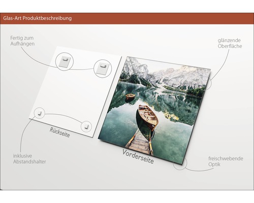 Glasbild mit Bergsee Motiv, inklusive Abstandshalter zur Wandbefestigung