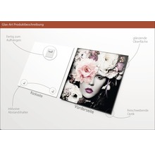 Glasbild mit Frauenportrait und Blumen, inklusive Wandhalterung