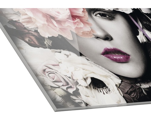 Image en verre acrylique avec décor floral et visage de femme