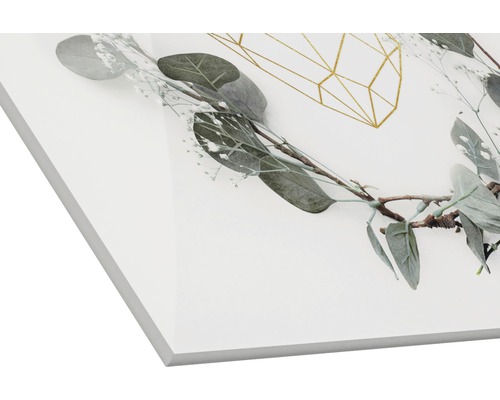 Dekobild mit geometrischem Muster, Eukalyptus und kleinen Blüten