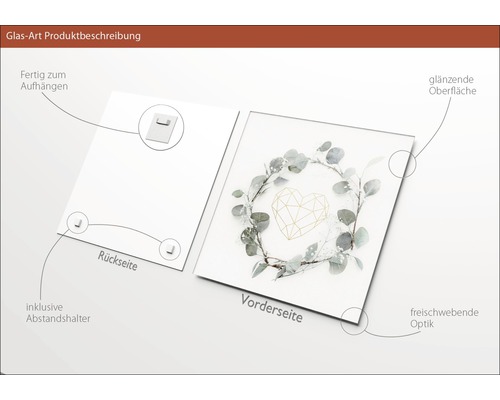 Glasbild mit Pflanzenmotiv und geometrischem Herz, inklusive Abstandshalter und Aufhängung