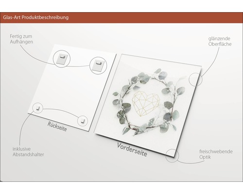 Glasbild mit Herzmotiv, Rückseite mit Aufhängern und Abstandshaltern
