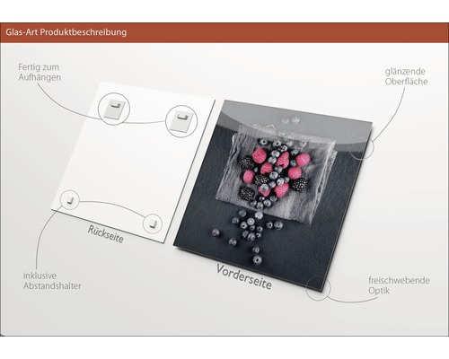 Glasbild mit Beerenmotiv, inklusive Abstandshalter
