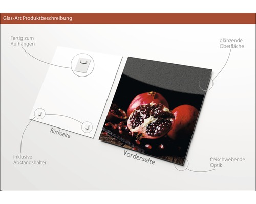 Glasbild mit Granatapfelmotiv, inklusive Abstandshalter und Aufhängevorrichtung