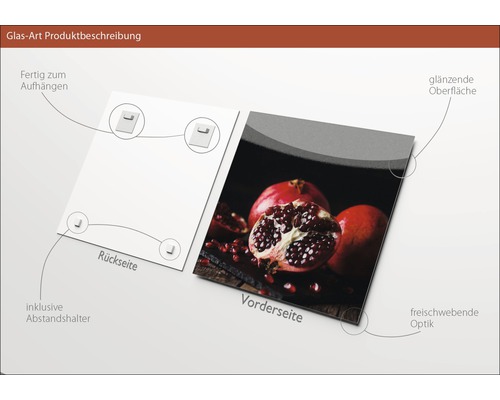 Glasbild mit Granatapfel Motiv, inklusive Abstandshalter und Aufhängern