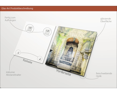 Glasbild mit Architekturmotiv, inklusive Abstandshalter und Aufhängung
