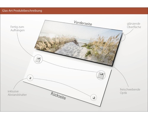Produktbeschreibung Glasbild mit glänzender Oberfläche, inklusive Abstandshalter und Aufhängung