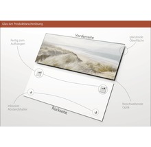 Glasbild Produktbeschreibung mit Vorder- und Rückseite, inklusive Abstandshalter und glänzender Oberfläche