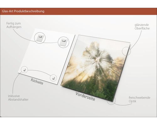 Produktbeschreibung eines Glasbildes, das die Rückseite mit Aufhängung und Abstandshalter sowie die Vorderseite mit glänzender Oberfläche und schwebender Optik zeigt.