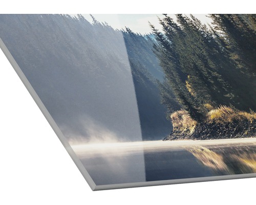 Nahaufnahme eines Acrylglasbildes mit Waldlandschaft und See