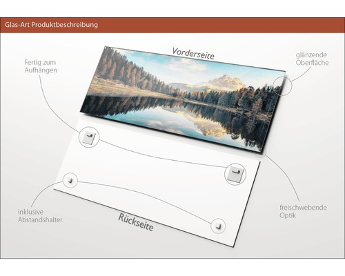 Glasbild Produktbeschreibung mit glänzender Oberfläche, Aufhängung und Abstandshalter