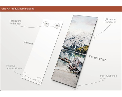 Glasbild mit Bergsee-Motiv, inklusive Abstandshalter zur Wandmontage