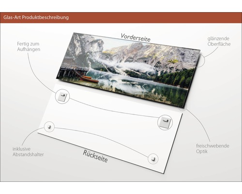 Glasbild mit Bergsee-Motiv, glänzender Oberfläche und rückseitigen Abstandshaltern zur schwebenden Montage