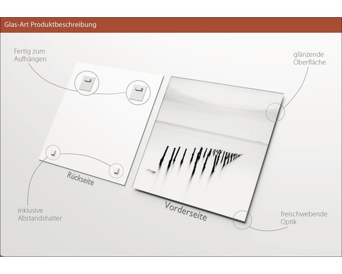 Glasbild Produktbeschreibung mit Montagehalterung und glänzender Oberfläche