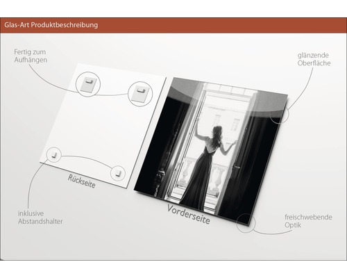 Glasbild mit glänzender Oberfläche, inklusive Abstandshalter und Aufhängung.