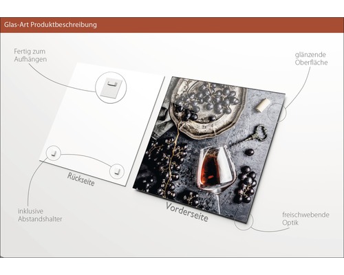 Glasbild mit Trauben und Weinglas, inklusive Halterung