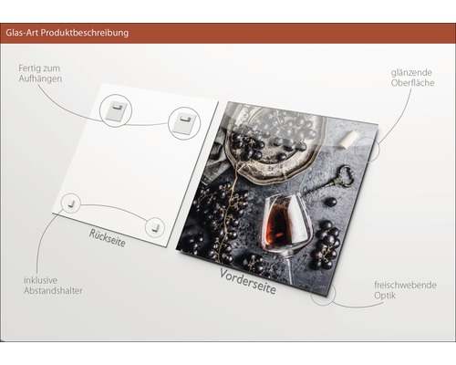 Glasbild mit Weinmotiv, inklusive Abstandshalter zur Aufhängung