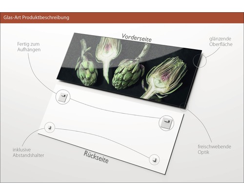 Glasbild mit Artischockenmotiv, inklusive Abstandshalter zur Aufhängung
