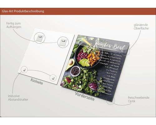 Glasbild mit Motiv einer Rainbow Bowl und einer Rezeptur, inklusive Abstandshalter und Aufhängung
