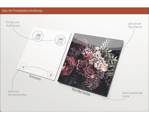 Glasbild mit Blumenmotiv, inklusive Abstandshalter und Aufhängung