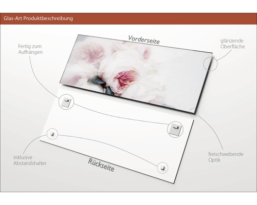 Glasbild mit Blumenmuster, glänzender Oberfläche, inklusive Abstandshalter und Aufhängevorrichtung